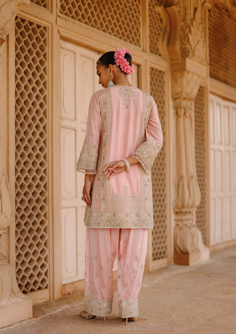 Elaya-Pink Short Kurta Set With Matching Salwar And Dupatta silk chanderi, silk organza kurta/kurta set by SHEETAL BATRA in pink for women in Singapore