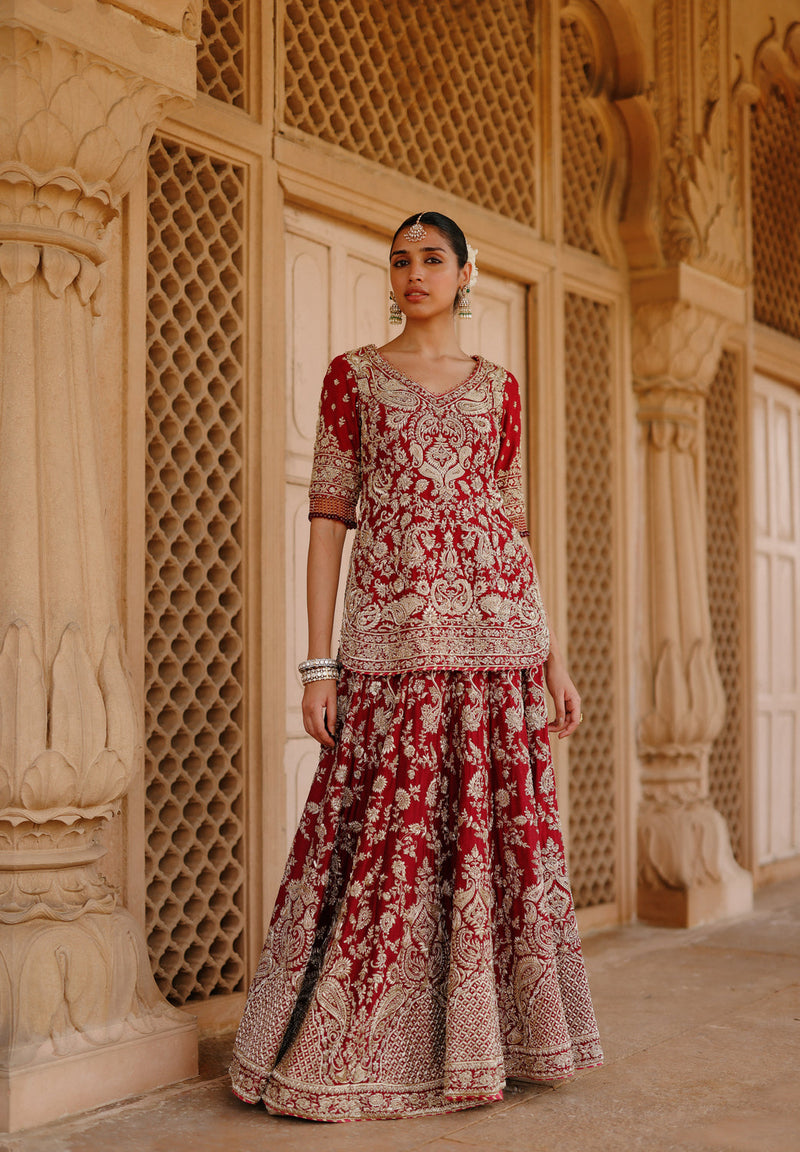 Merab-Deep Red Kurta Set With Lehenga And Dupatta silk chanderi, tissue lehenga sets by SHEETAL BATRA in red, yellow for women in Singapore
