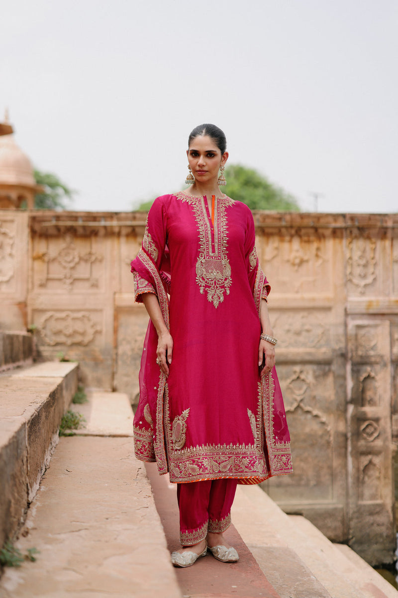 Arwa-Hot Pink Long Kurta Set With Salwar And Dupatta silk chanderi, silk organza kurta/kurta set by SHEETAL BATRA in pink for women in Singapore