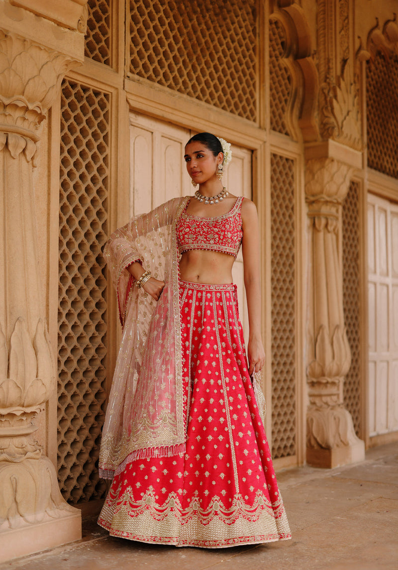 Noorbano-Hot Pink Lehenga Set With Blouse And Dupatta raw silk lehenga sets by SHEETAL BATRA in pink for women in Singapore