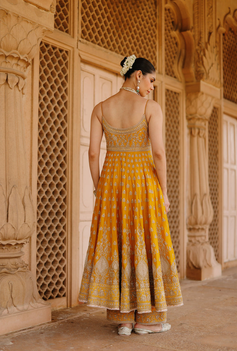 Afraa-Mustard Anarkali Set With Palazzo And Dupatta silk chanderi, silk organza kurta/kurta set by SHEETAL BATRA in mustard for women in Singapore