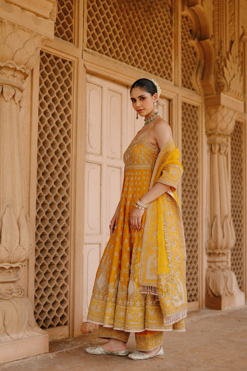 Afraa-Mustard Anarkali Set With Palazzo And Dupatta silk chanderi, silk organza kurta/kurta set by SHEETAL BATRA in mustard for women in Singapore