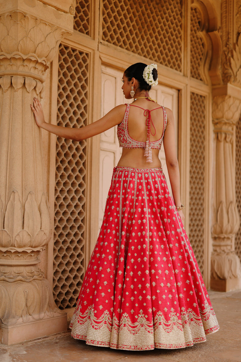 Noorbano-Hot Pink Lehenga Set With Blouse And Dupatta raw silk lehenga sets by SHEETAL BATRA in pink for women in Singapore
