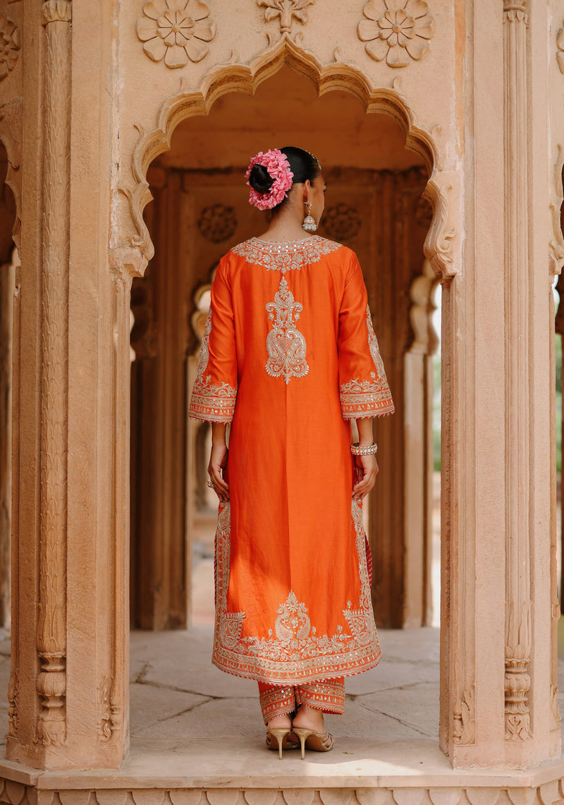 Umaira-Burnt Orange Long Kurta Set With Salwar And Dupatta silk chanderi, silk organza kurta/kurta set by SHEETAL BATRA in orange for women in Singapore