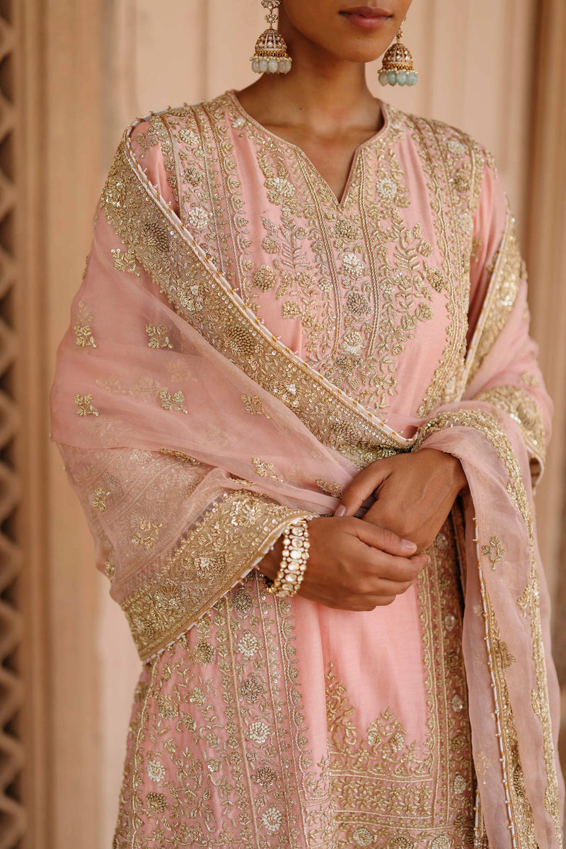 Elaya-Pink Short Kurta Set With Matching Salwar And Dupatta silk chanderi, silk organza kurta/kurta set by SHEETAL BATRA in pink for women in Singapore