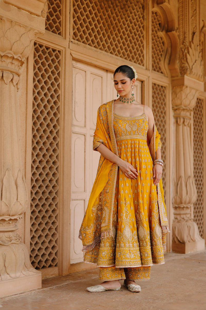 Afraa-Mustard Anarkali Set With Palazzo And Dupatta silk chanderi, silk organza kurta/kurta set by SHEETAL BATRA in mustard for women in Singapore