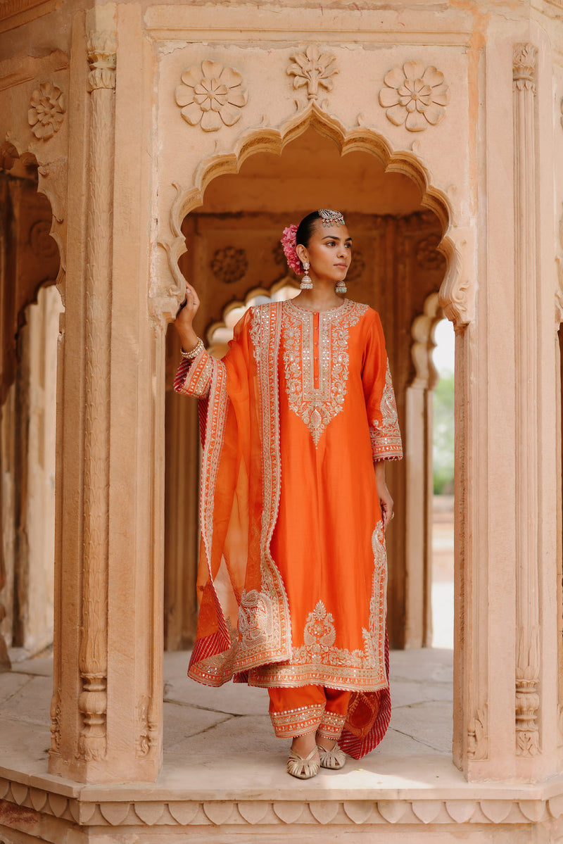 Umaira-Burnt Orange Long Kurta Set With Salwar And Dupatta silk chanderi, silk organza kurta/kurta set by SHEETAL BATRA in orange for women in Singapore