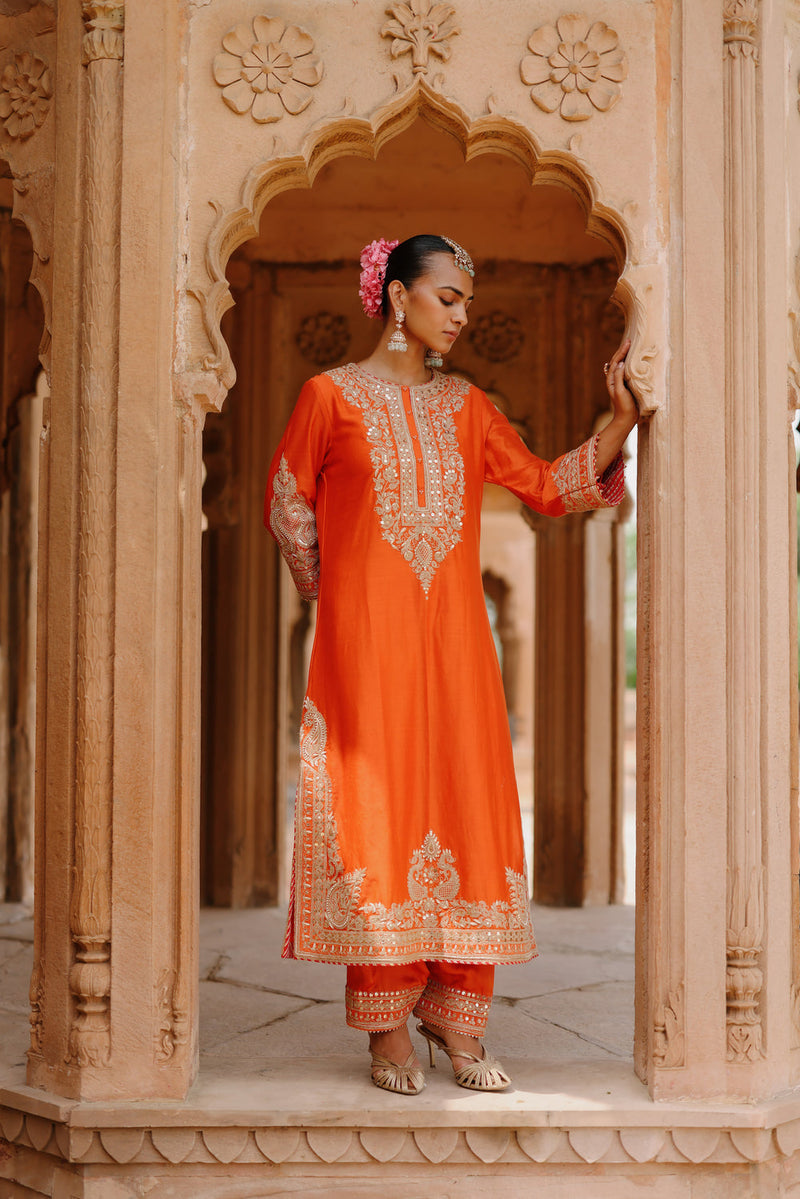 Umaira-Burnt Orange Long Kurta Set With Salwar And Dupatta silk chanderi, silk organza kurta/kurta set by SHEETAL BATRA in orange for women in Singapore
