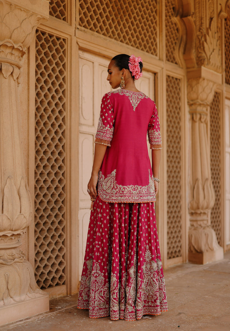 Maysam-Hot Pink Kurta Set With Sharara And Dupatta silk chanderi, silk organza kurta/kurta set by SHEETAL BATRA in pink, orange for women in Singapore