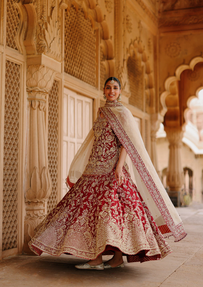 Merab-Deep Red Kurta Set With Lehenga And Dupatta silk chanderi, tissue lehenga sets by SHEETAL BATRA in red, yellow for women in Singapore