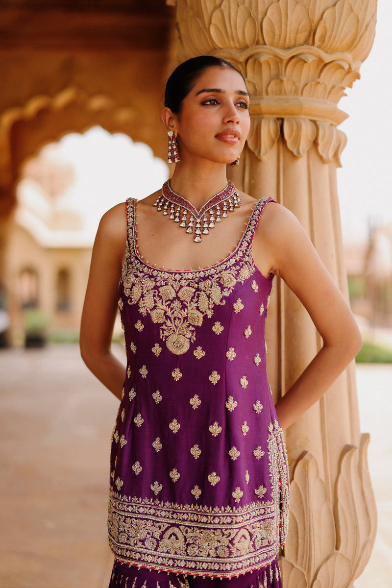Shahbano-Deep Purple Kurta Set With Garara And Dupatta silk chanderi, silk organza kurta/kurta set by SHEETAL BATRA in purple for women in Singapore