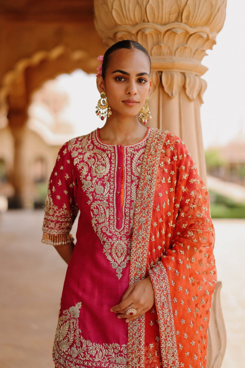 Maysam-Hot Pink Kurta Set With Sharara And Dupatta silk chanderi, silk organza kurta/kurta set by SHEETAL BATRA in pink, orange for women in Singapore