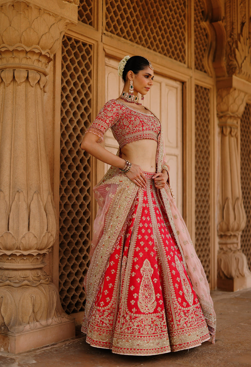 Nusrat-Hot Pink Kali-In-Kali Lehenga Set With Blouse And Dupatta raw silk, silk organza lehenga sets by SHEETAL BATRA in pink for women in Singapore