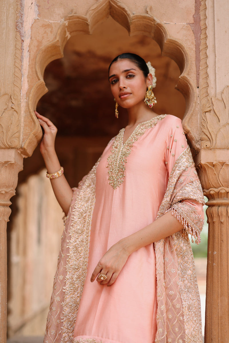 Maham-Pink Anarkali Set With Salwar And Dupatta silk chanderi, silk organza kurta/kurta set by SHEETAL BATRA in pink for women in Singapore