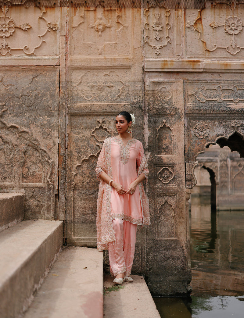 Maham-Pink Anarkali Set With Salwar And Dupatta silk chanderi, silk organza kurta/kurta set by SHEETAL BATRA in pink for women in Singapore
