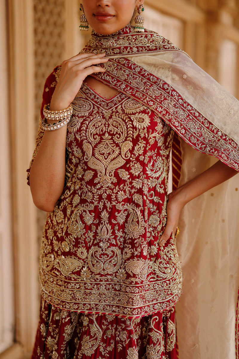 Merab-Deep Red Kurta Set With Lehenga And Dupatta silk chanderi, tissue lehenga sets by SHEETAL BATRA in red, yellow for women in Singapore