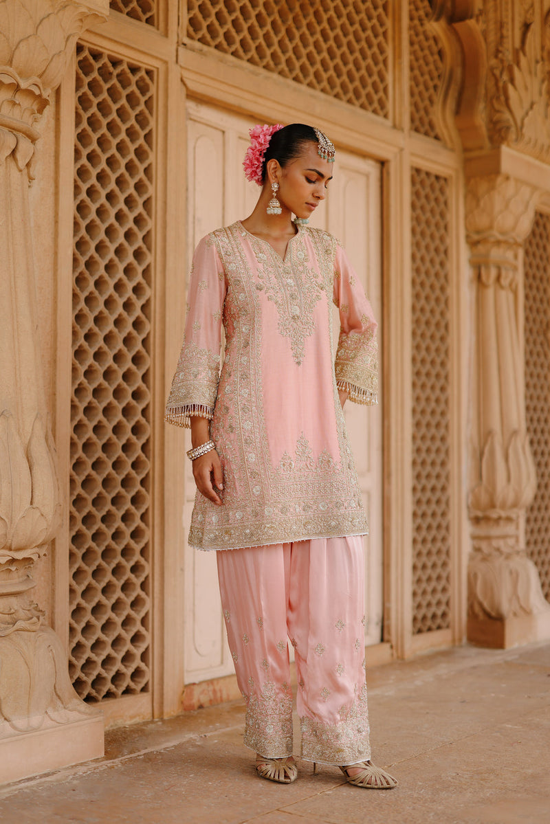 Elaya-Pink Short Kurta Set With Matching Salwar And Dupatta silk chanderi, silk organza kurta/kurta set by SHEETAL BATRA in pink for women in Singapore