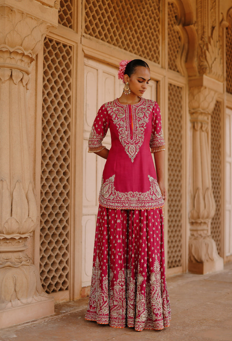 Maysam-Hot Pink Kurta Set With Sharara And Dupatta silk chanderi, silk organza kurta/kurta set by SHEETAL BATRA in pink, orange for women in Singapore