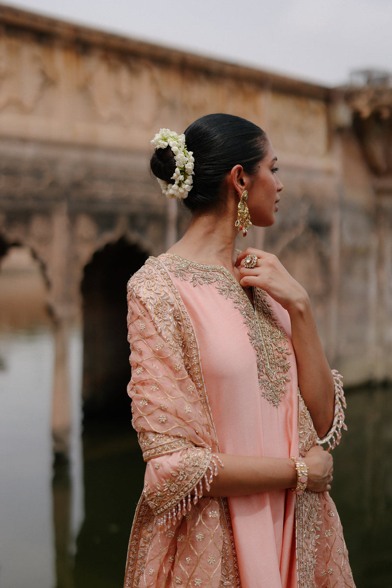 Maham-Pink Anarkali Set With Salwar And Dupatta silk chanderi, silk organza kurta/kurta set by SHEETAL BATRA in pink for women in Singapore