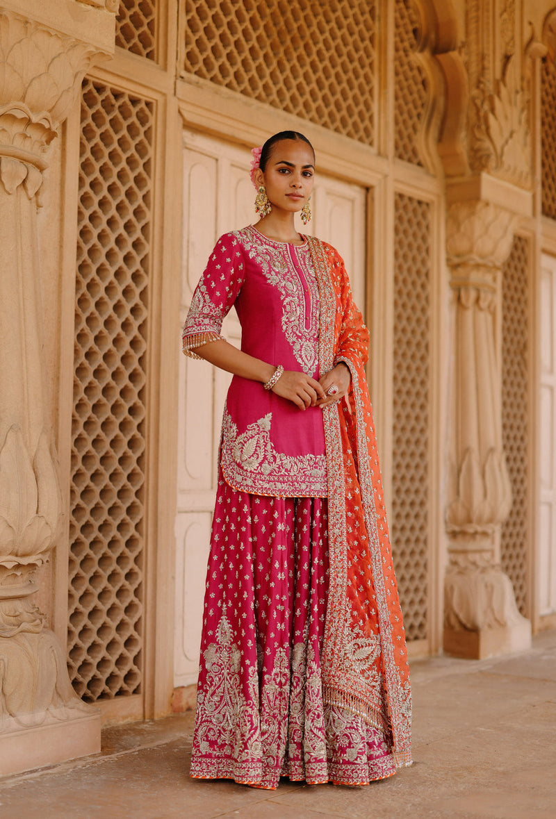 Maysam-Hot Pink Kurta Set With Sharara And Dupatta silk chanderi, silk organza kurta/kurta set by SHEETAL BATRA in pink, orange for women in Singapore