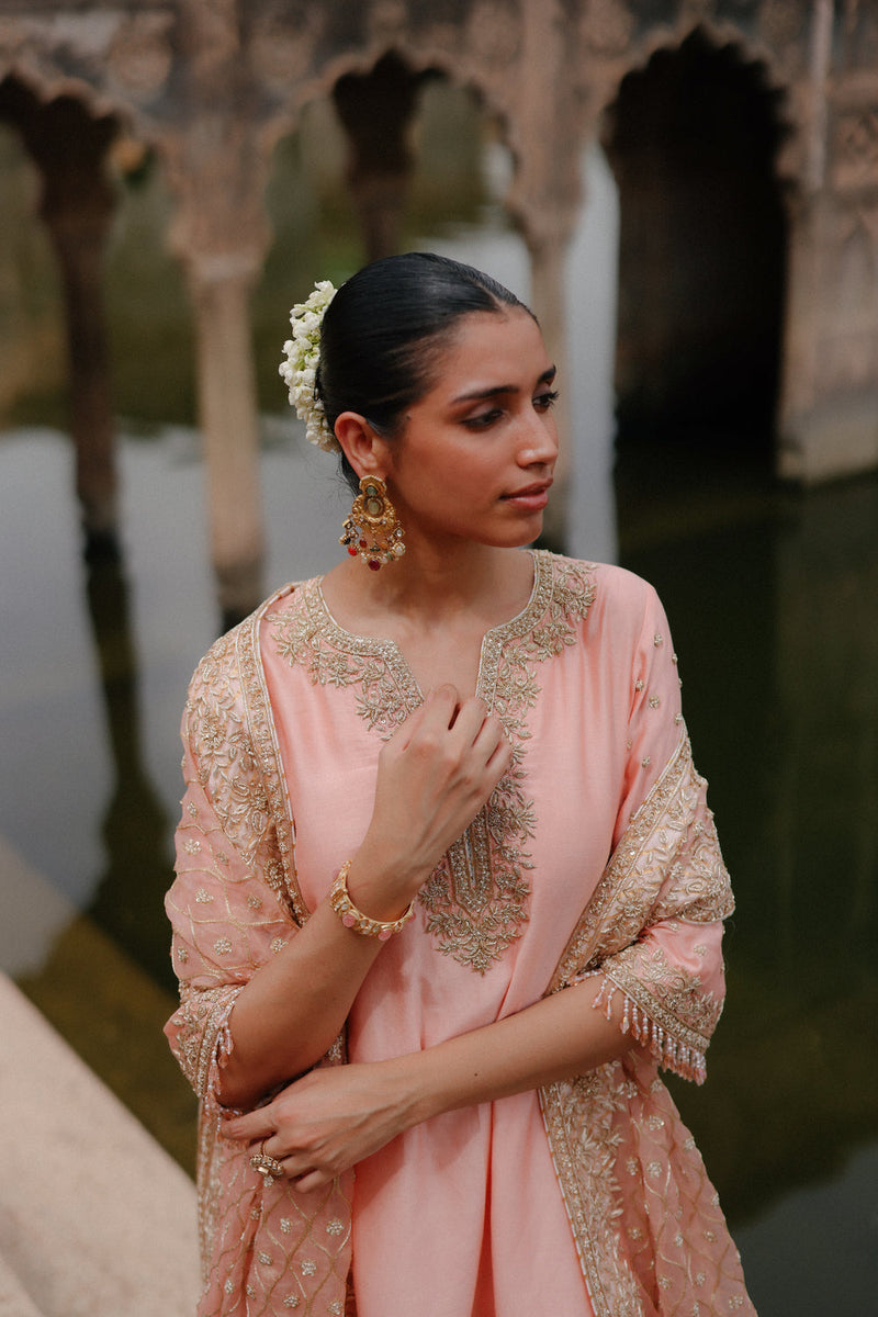 Maham-Pink Anarkali Set With Salwar And Dupatta silk chanderi, silk organza kurta/kurta set by SHEETAL BATRA in pink for women in Singapore