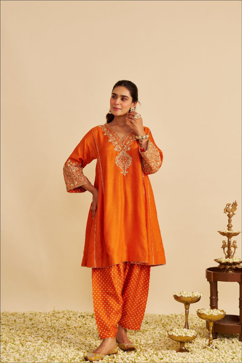 Niyah - Short Chauga With Salwar-Orange silk by SHEETAL BATRA in orange color for women in Singapore