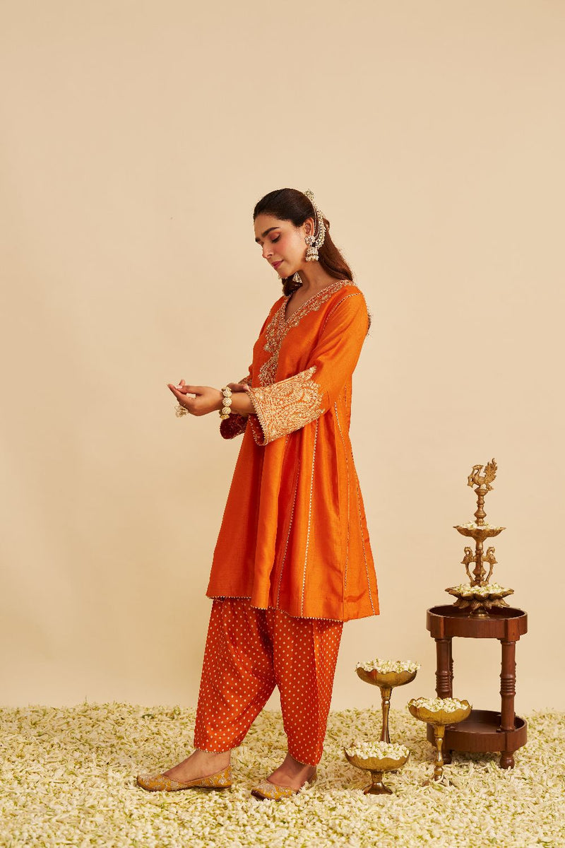 Niyah - Short Chauga With Salwar-Orange silk by SHEETAL BATRA in orange color for women in Singapore