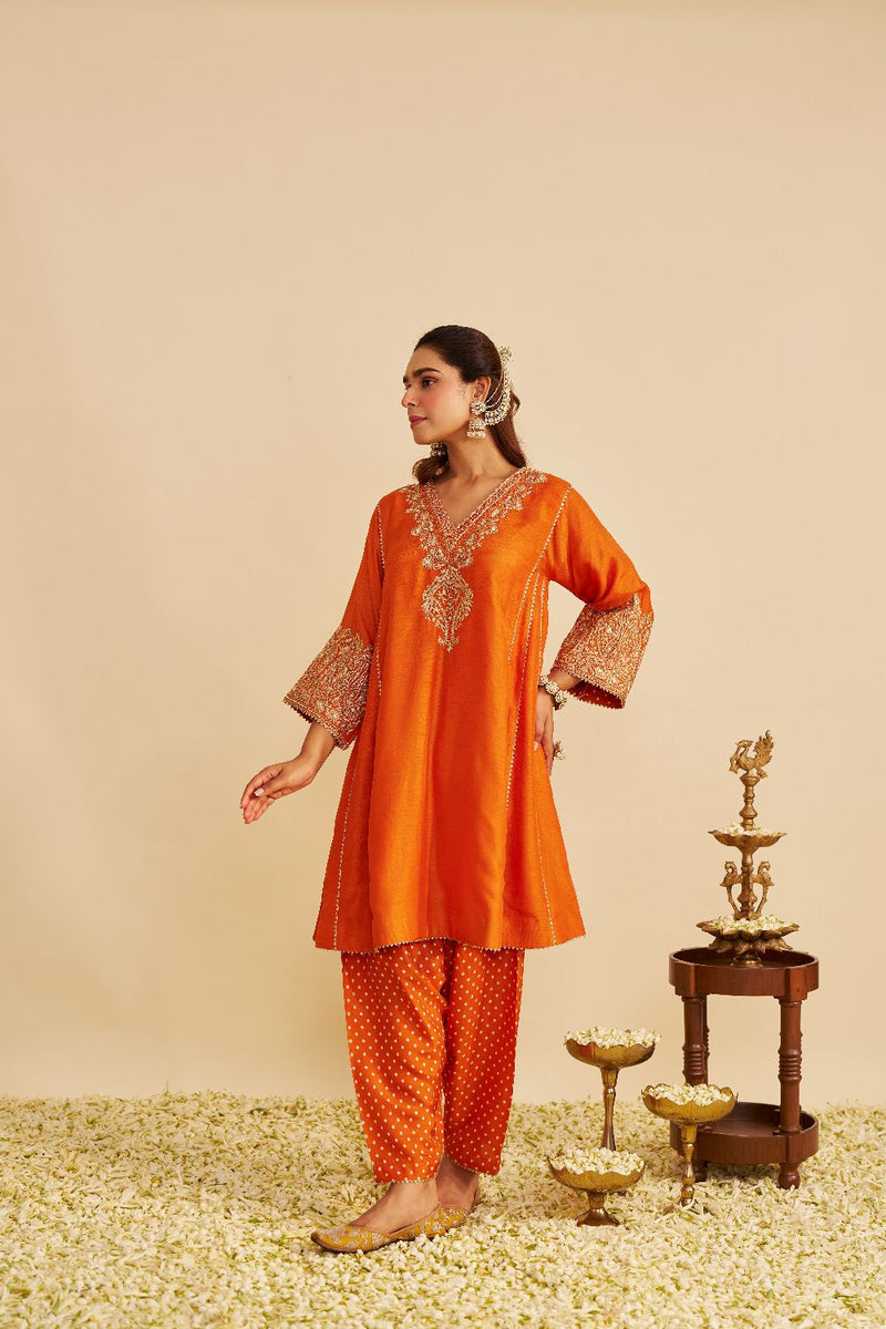 Niyah - Short Chauga With Salwar-Orange silk by SHEETAL BATRA in orange color for women in Singapore