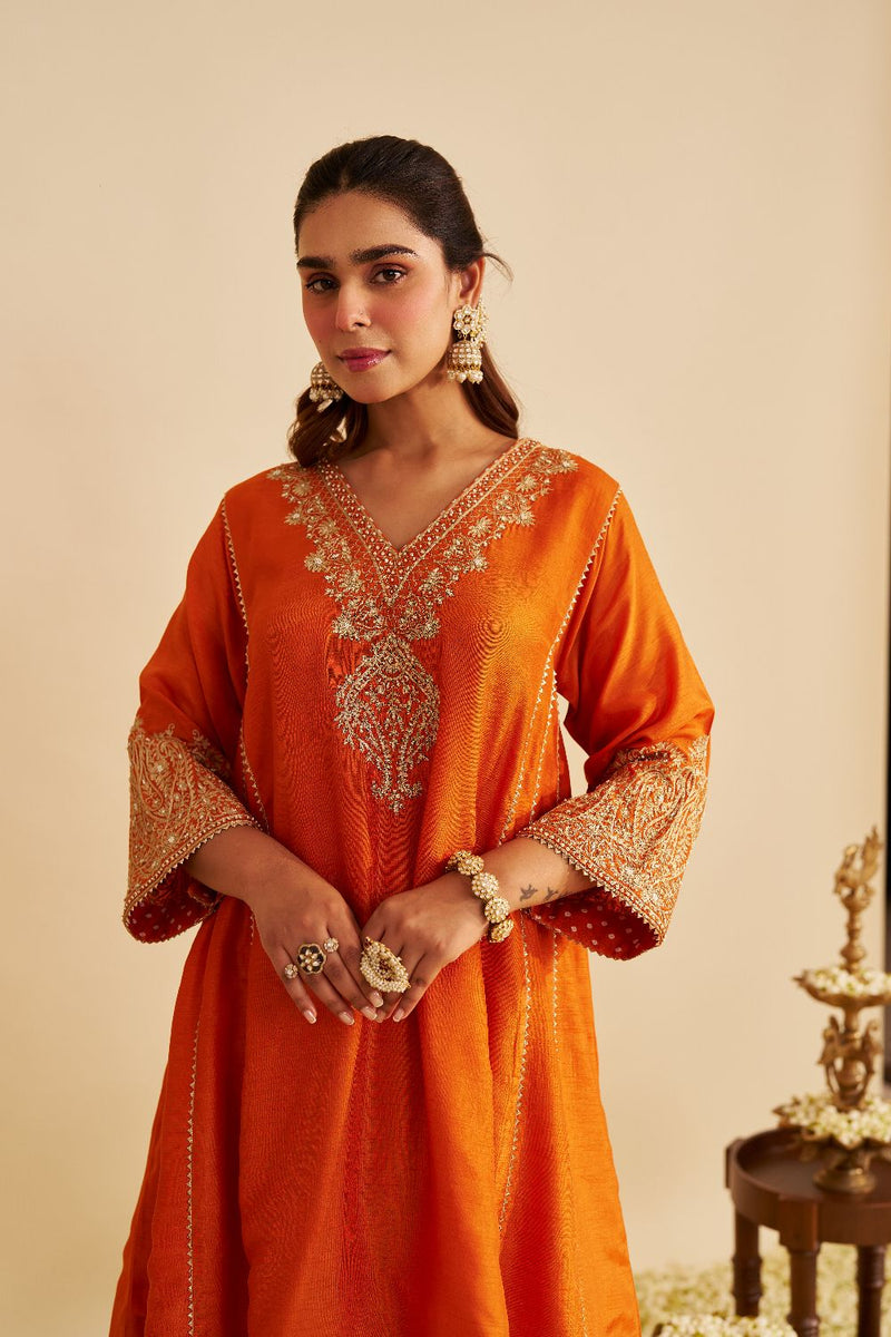 Niyah - Short Chauga With Salwar-Orange silk by SHEETAL BATRA in orange color for women in Singapore