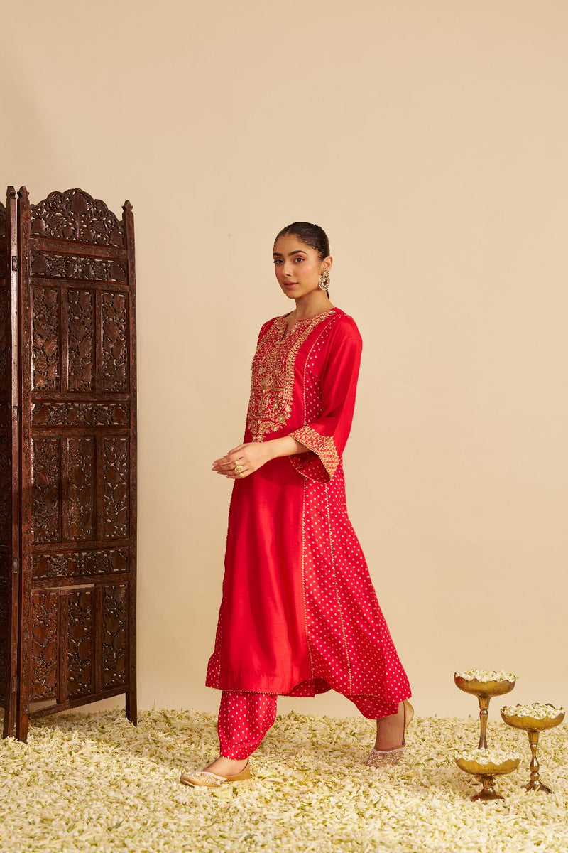 Esra - Long Chauga With Salwar-Red silk by SHEETAL BATRA in red color for women in Singapore