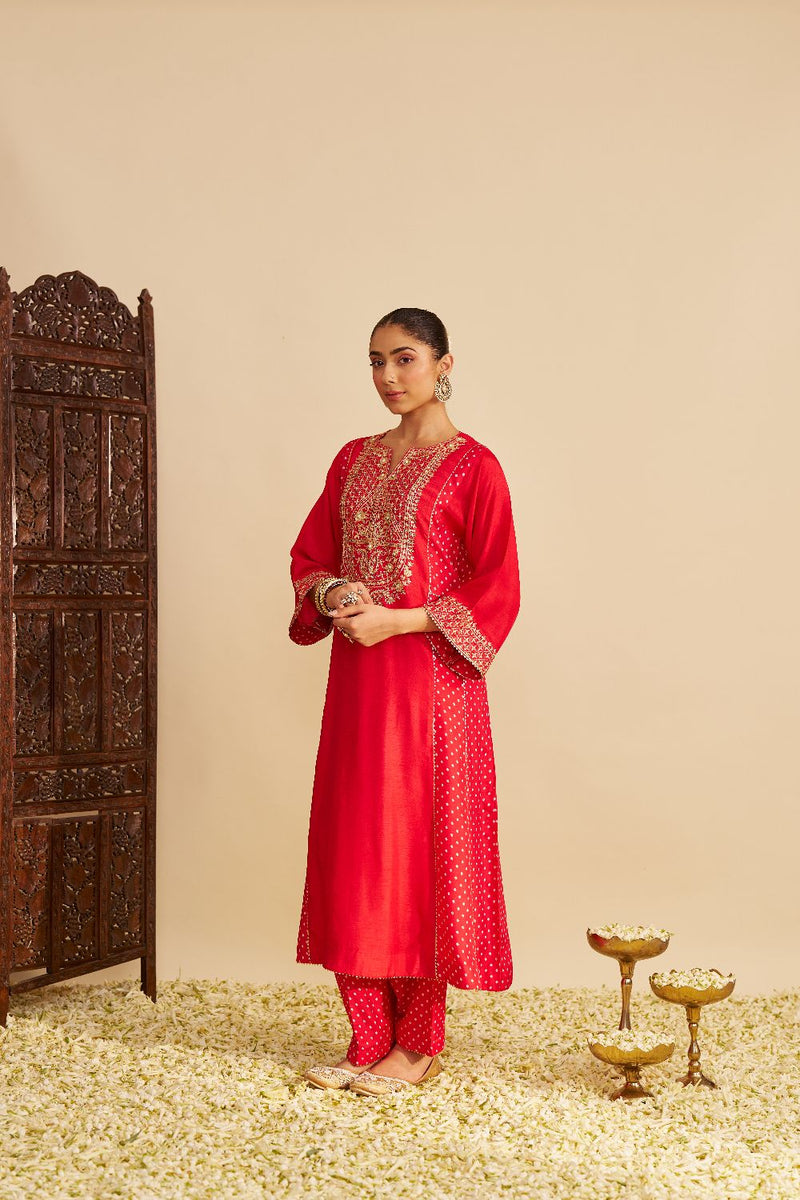 Esra - Long Chauga With Salwar-Red silk by SHEETAL BATRA in red color for women in Singapore