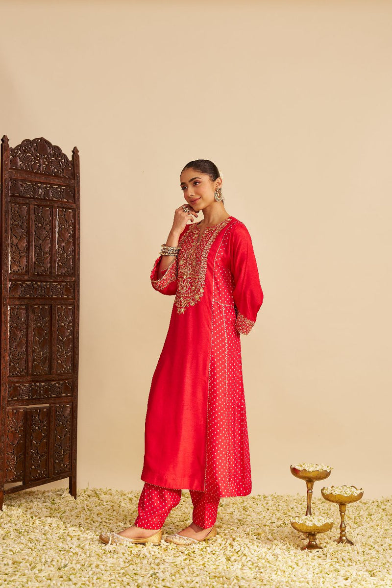Esra - Long Chauga With Salwar-Red silk by SHEETAL BATRA in red color for women in Singapore
