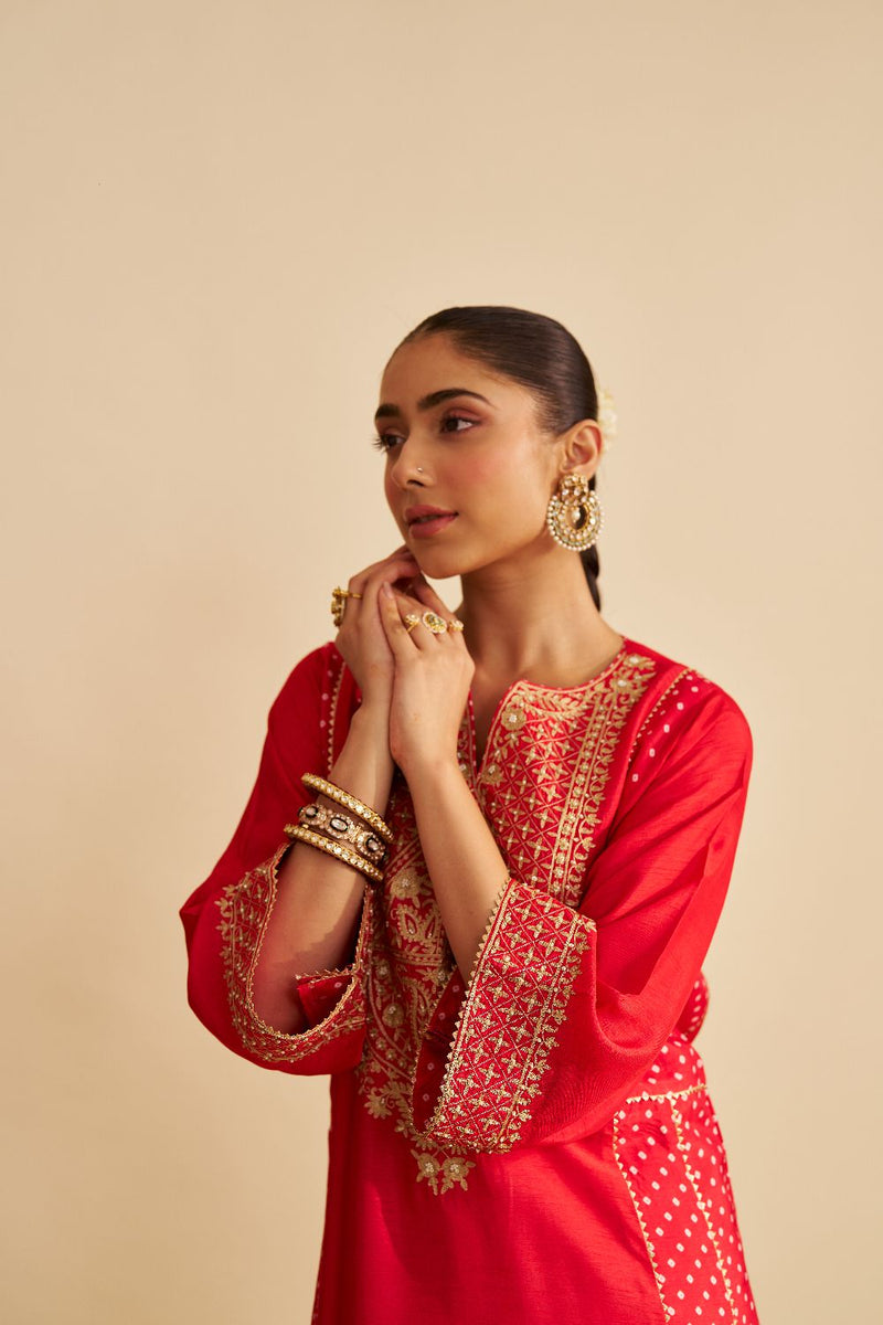 Esra - Long Chauga With Salwar-Red silk by SHEETAL BATRA in red color for women in Singapore