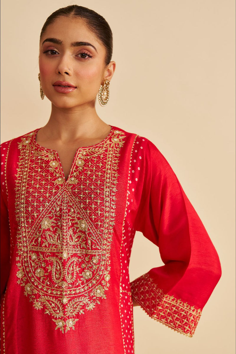 Esra - Long Chauga With Salwar-Red silk by SHEETAL BATRA in red color for women in Singapore
