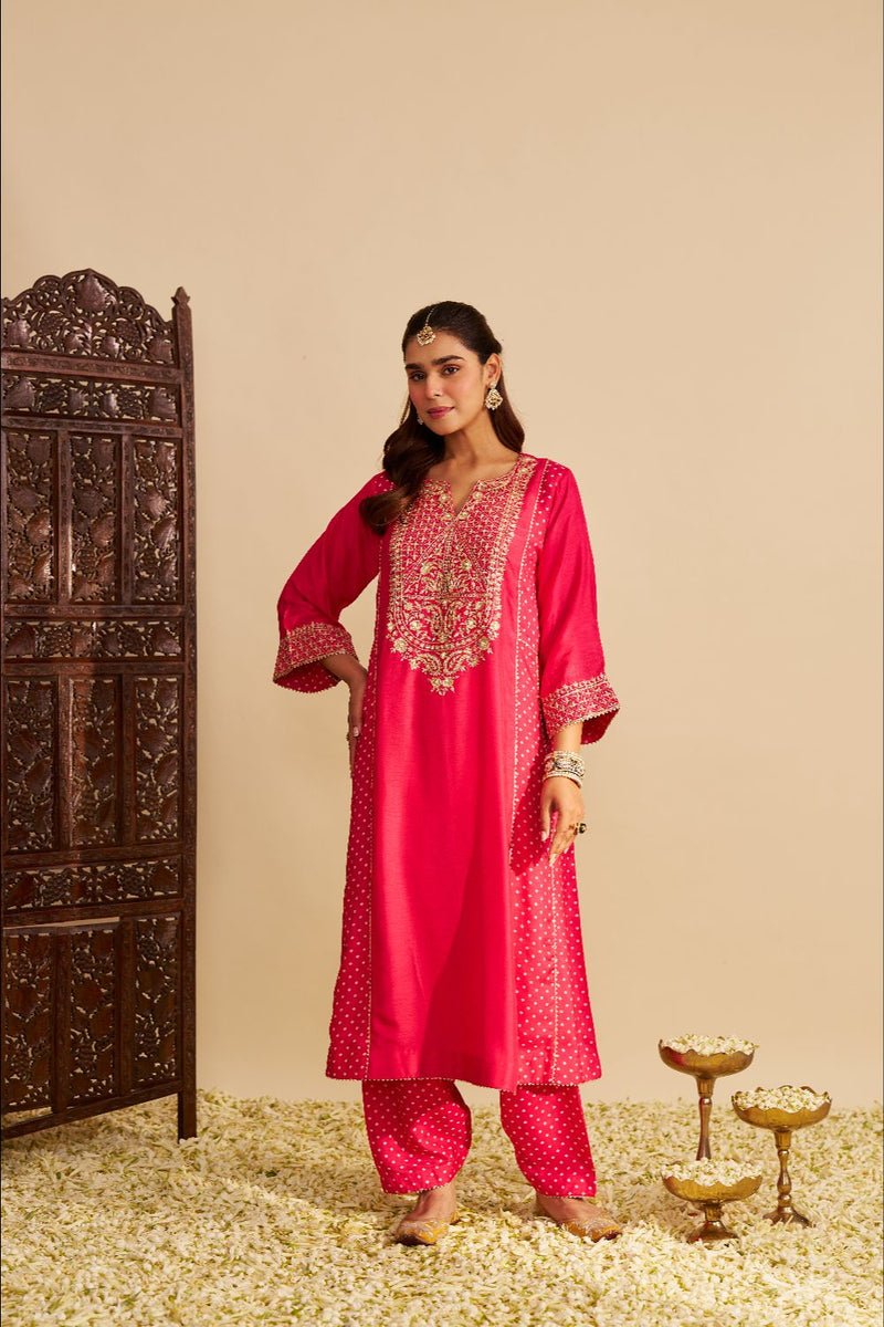 Esra - Long Chauga With Salwar-Hotpink silk by SHEETAL BATRA in pink color for women in Singapore