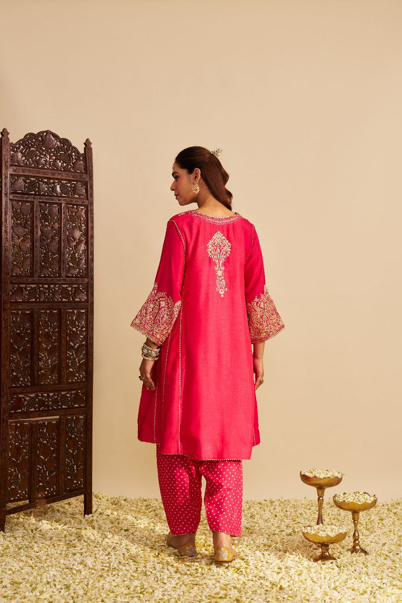 Niyah - Short Chauga With Salwar-Hotpink silk by SHEETAL BATRA in pink color for women in Singapore