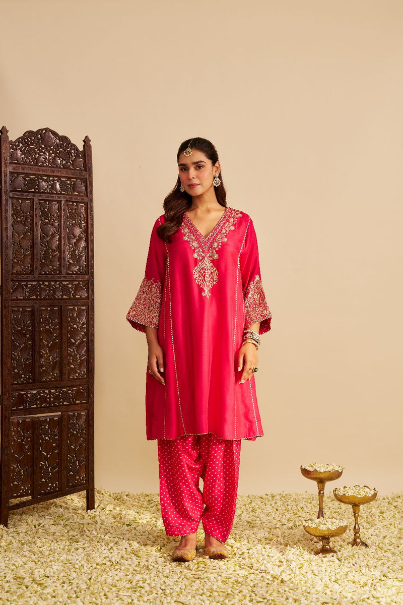 Niyah - Short Chauga With Salwar-Hotpink silk by SHEETAL BATRA in pink color for women in Singapore