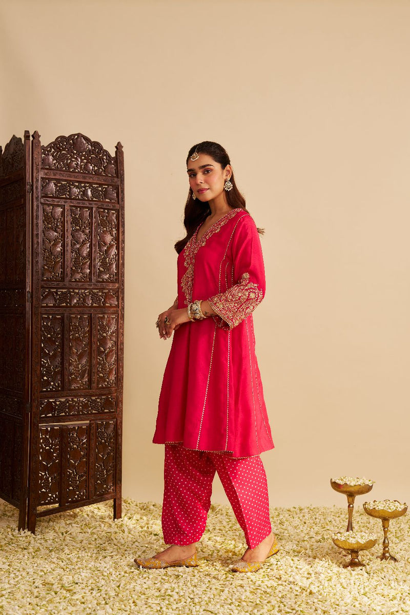 Niyah - Short Chauga With Salwar-Hotpink silk by SHEETAL BATRA in pink color for women in Singapore