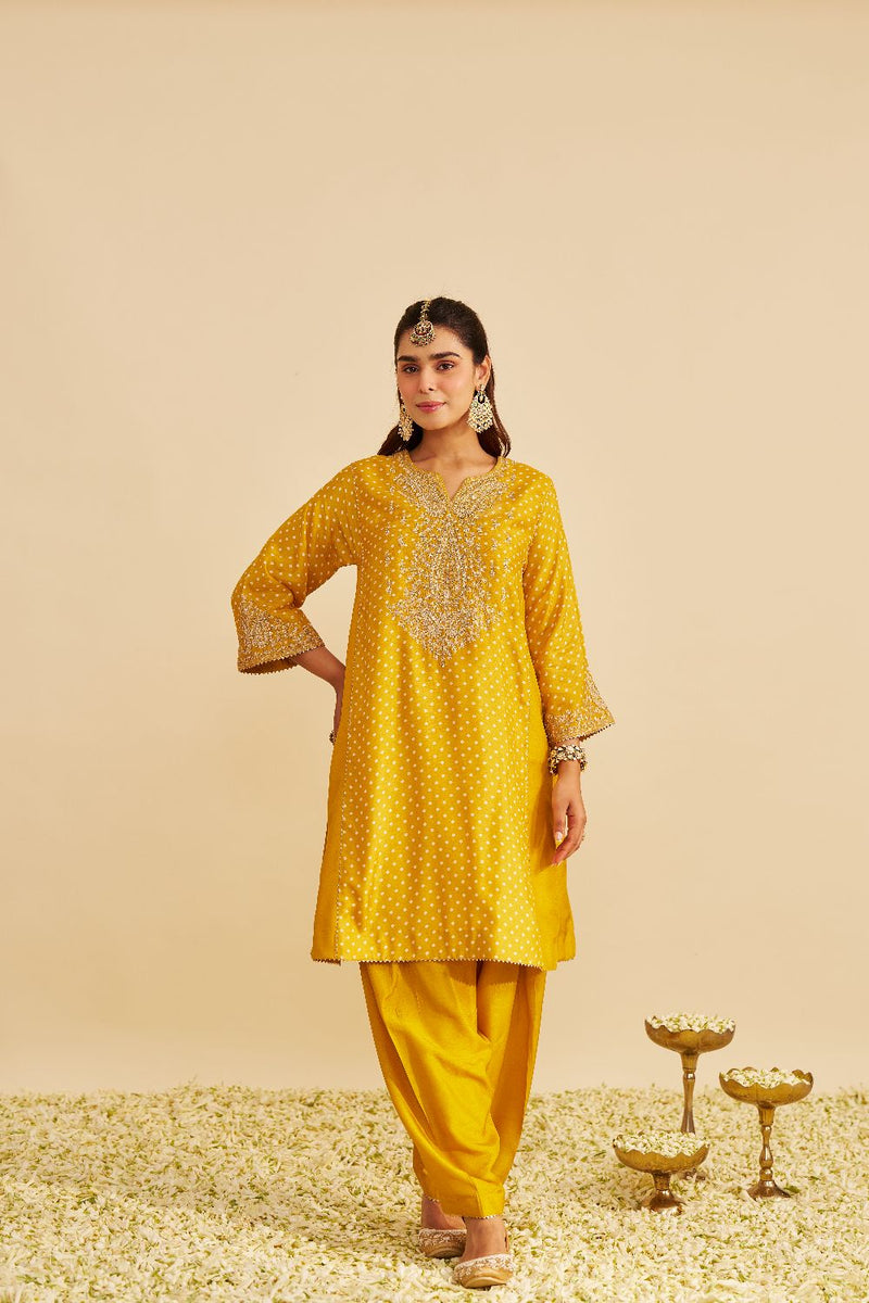 Kayra - Short Gathered Chauga With Salwar-Mustard silk by SHEETAL BATRA in mustard color for women in Singapore