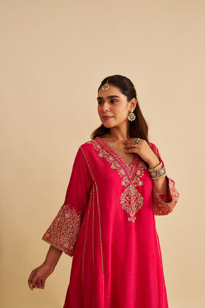 Niyah - Short Chauga With Salwar-Hotpink silk by SHEETAL BATRA in pink color for women in Singapore