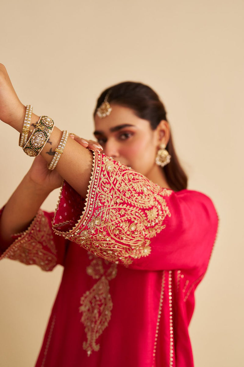 Niyah - Short Chauga With Salwar-Hotpink silk by SHEETAL BATRA in pink color for women in Singapore
