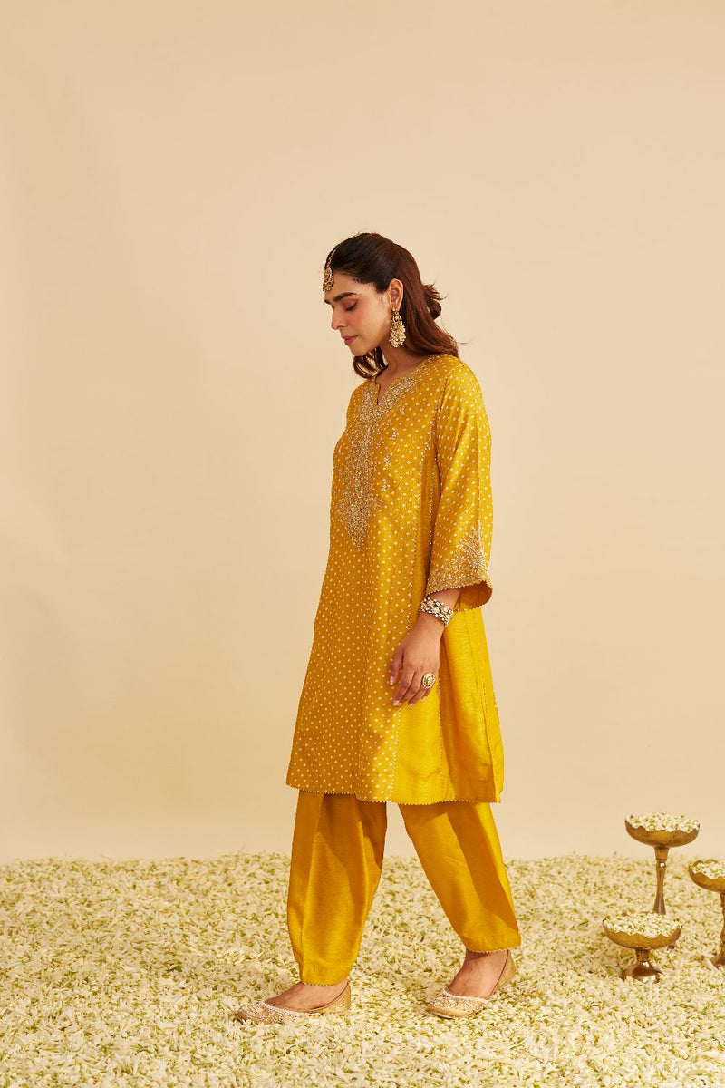 Kayra - Short Gathered Chauga With Salwar-Mustard silk by SHEETAL BATRA in mustard color for women in Singapore