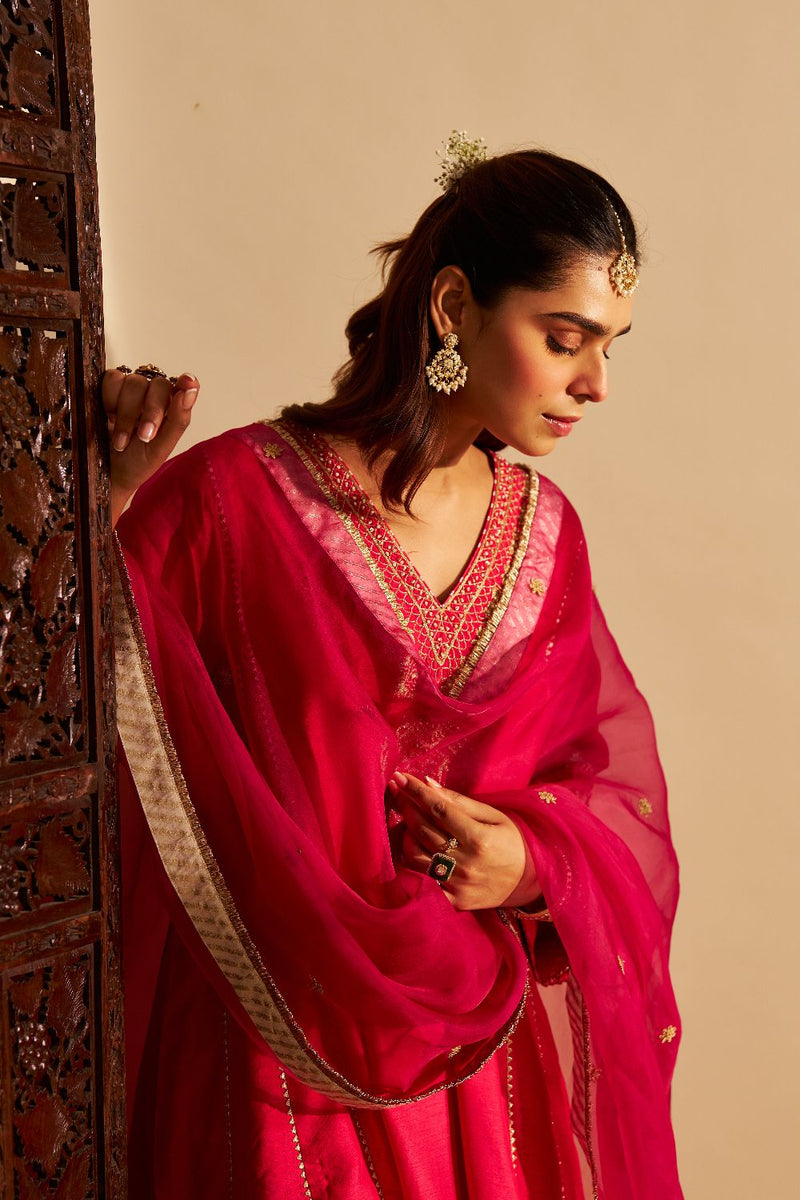 Niyah - Short Chauga With Salwar-Hotpink silk by SHEETAL BATRA in pink color for women in Singapore