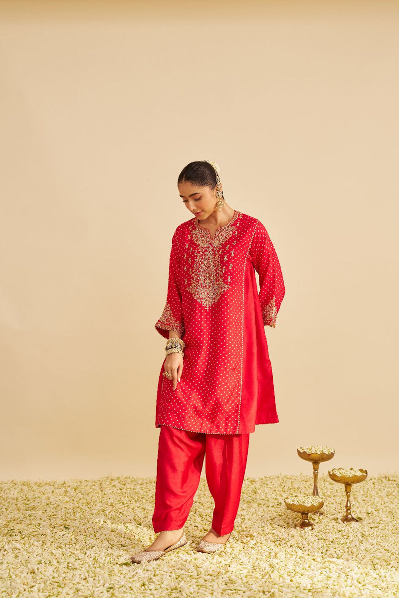 Kayra - Short Gathered Chauga With Salwar-Red silk by SHEETAL BATRA in red color for women in Singapore