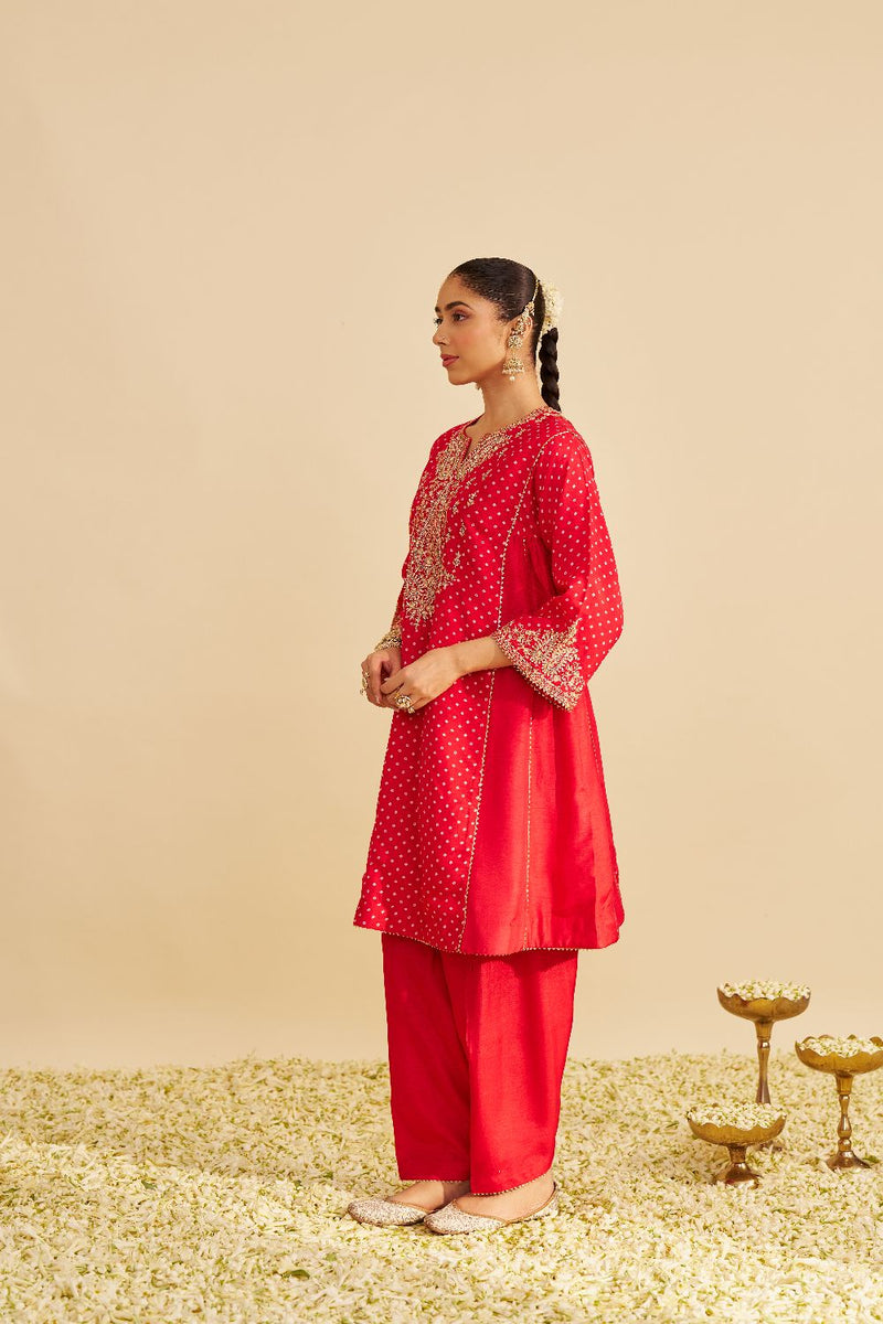 Kayra - Short Gathered Chauga With Salwar-Red silk by SHEETAL BATRA in red color for women in Singapore