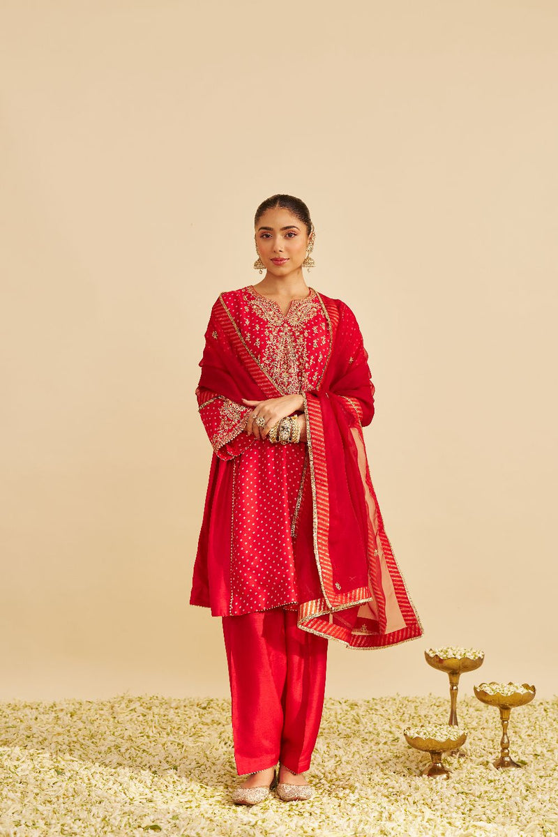 Kayra - Short Gathered Chauga With Salwar-Red silk by SHEETAL BATRA in red color for women in Singapore