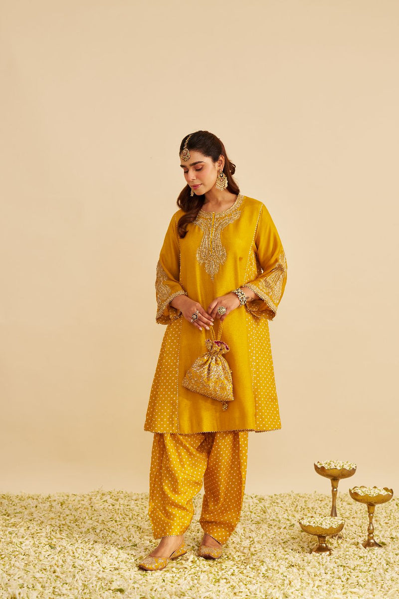 Jeriah - Short Chauga With Salwar-Mustard silk by SHEETAL BATRA in mustard color for women in Singapore