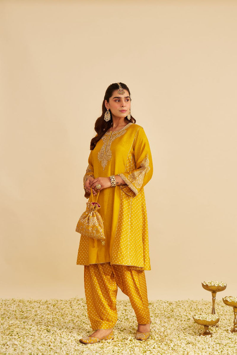Jeriah - Short Chauga With Salwar-Mustard silk by SHEETAL BATRA in mustard color for women in Singapore