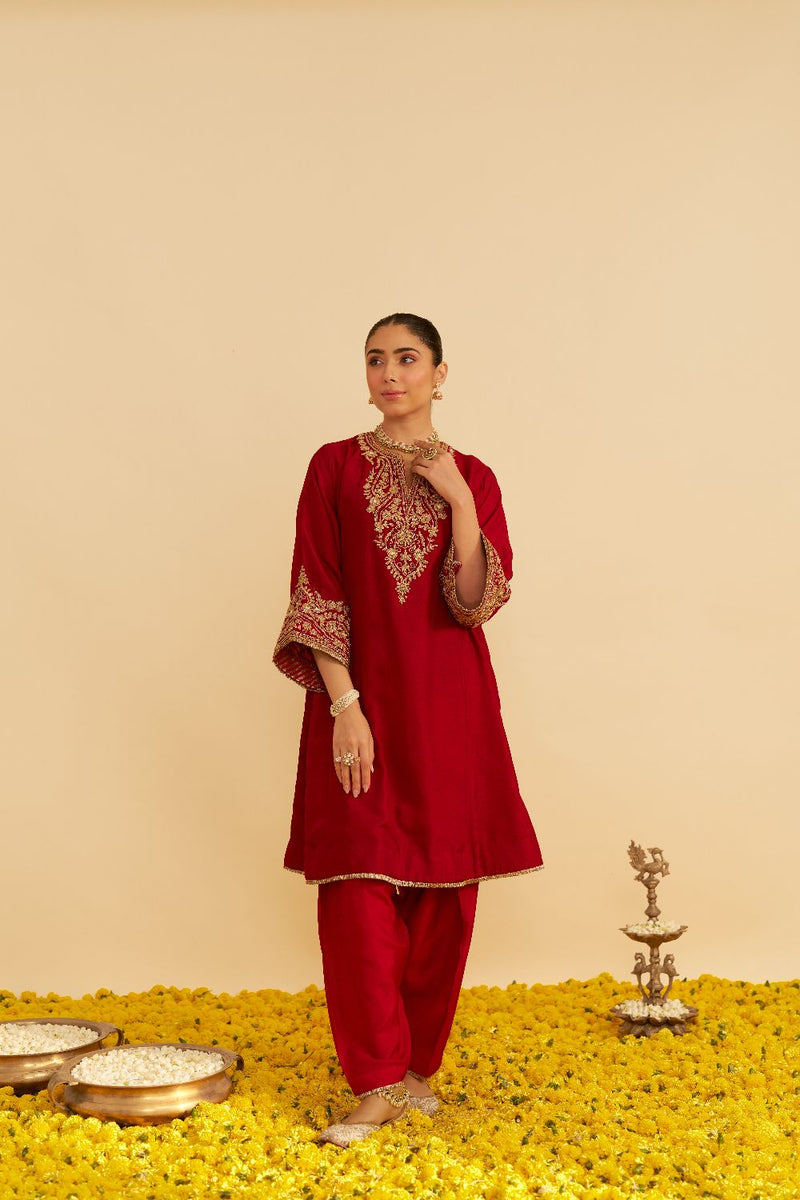 Marwa - Short Chauga With Salwar-Deep Red silk by SHEETAL BATRA in red color for women in Singapore