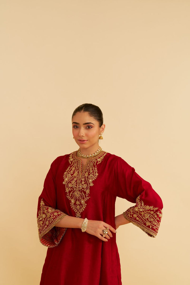 Marwa - Short Chauga With Salwar-Deep Red silk by SHEETAL BATRA in red color for women in Singapore